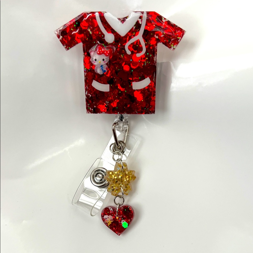 New Hellokitty Red Glitter Nurse Badge Reel with cute charms